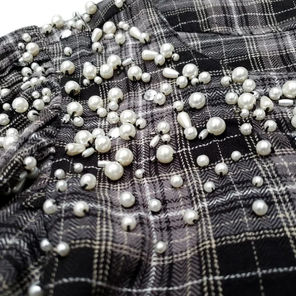 Anthropologie Black White Plaid Beaded Top - Picture 4 of 8